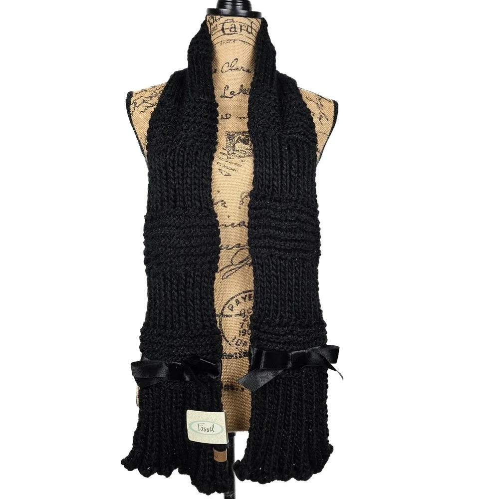 Fossil Lacey Lurex Black Chunky Knit Scarf with Satin Bows Metallic CW4003001